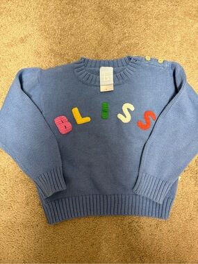 Bliss Light Blue Knit Sweater with Multicolor 'BLISS' Appliqués